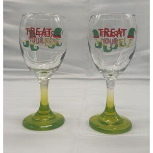 Cristar Set-2 "Treat Your Elf" Holiday Wine Glasses With Green Ombre Stems